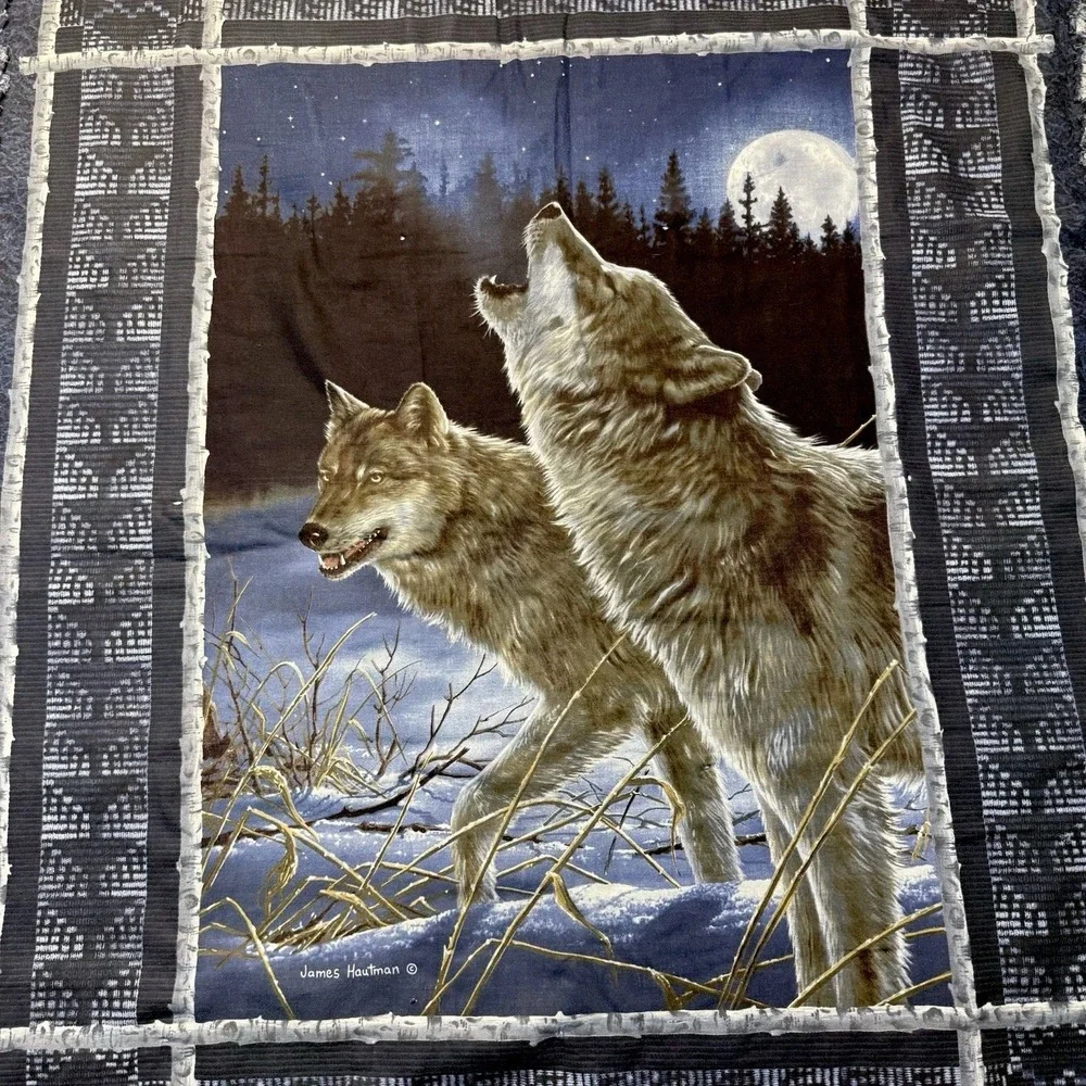 Handmade Denim Quilt Wall Hanging James Hautman Wolves Upcycled Jeans Folk Art